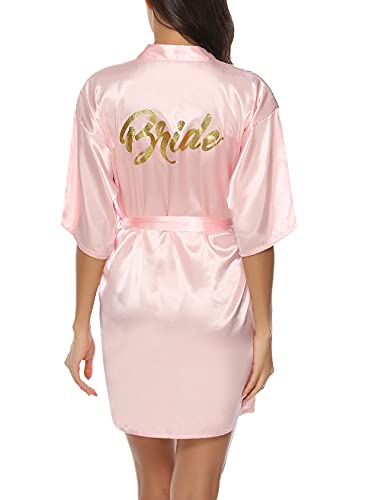Nieery Damen Morgenmantel Satin Bademantel für Hochzeit Kurz Robe Kimono Nachtwäsche mit Gürtel für Braut&Brautjungfern Nachthemd Pyjama Party Rosa-Braut(Gold) S