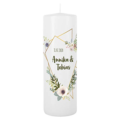 Herz & Heim® Elegante Hochzeits-Kerze mit Namen und Datum sowie Wunschtext für den schönsten Tag im Leben
