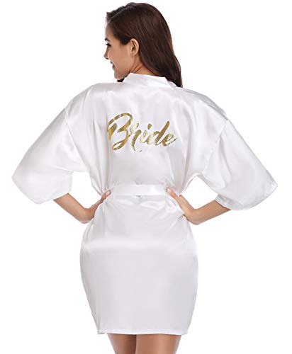 Vlazom Morgenmantel für Hochzeit Satin Kimono Badmantel für Braut&Brautjungfern V-Ausschnitt Damen Robe mit Gürtel(L,Weiß für Braut)