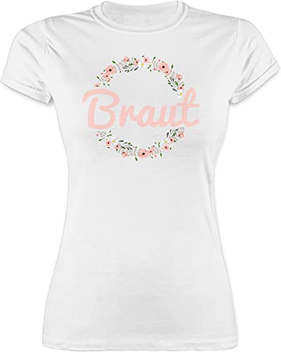 Shirt Damen - JGA Junggesellenabschied Frauen - Braut Blumenkranz rosa - L - Weiß - Tshirt Braut weiß - L191