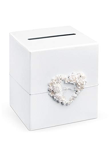 Party Deco Gastgeschenk, Hochzeitsbox mit Rosenherz - 24 x 24 x 24 cm - Geschenkbox, Geldbox, Kartenbox, Geschenkkartenbox für Hochzeitsempfänge, Geburtstage, Braut- oder Babypartys - Weiß