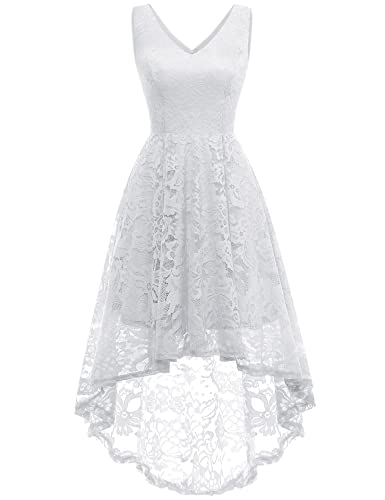 MuaDress 6666 Damen Cocktailkleid Spitzenkleid Brautjungferkleid V-Ausschnitt Festliche Abendkleider Elegant Vokuhila Hochzeit Ohne Arm Kleid Weiß XL