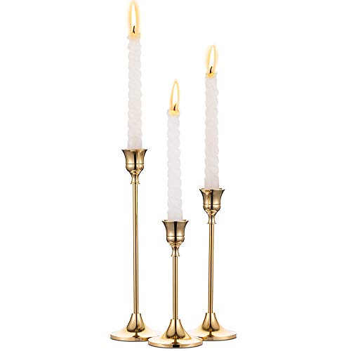 NUPTIO 3 Stück Messing Gold Metall Taper Kerzenhalter, Vintage Kerzen Ständer Herzstück für Tisch Kaminsims Hochzeit Housewarming Geschenk, Kerzenhalter Stabkerze für Tischdeko Weihnachten Couchtisch