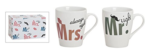 Tassen-Set 2-telig aus Porzellan, 8x10 cm | Kaffee-Becher Mr. and Mrs. always right | Partnertassen mit Schnurrbart und Kussmund Motiven für Heißgetränke | Kaffee-Tassen für Paare