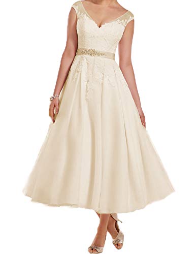 Kurz Brautkleider Wadenlang Hochzeitskleid A-Linie Kleider mit Gürtel für Braut Spitze Applikation Champagne 38