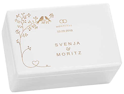 LAUBLUST Holzkiste zur Hochzeit - Vogel-Pärchen - Geschenkkiste Personalisiert mit Gravur - 30x20x14cm, Weiß, FSC®