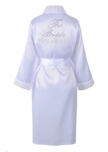 Luxus-Bademantel aus Satin für die Braut, Kimono, Hochzeit, Kristallsteine, personalisierbar weiß