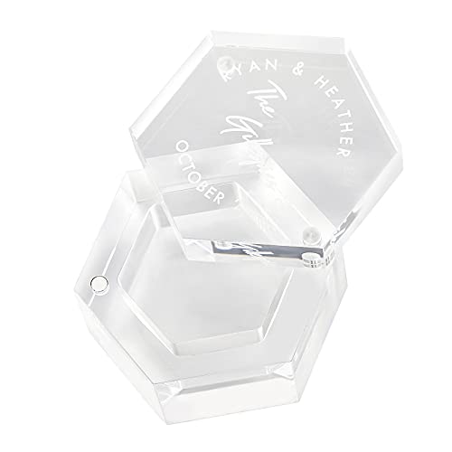 Personalisierte Klar Sechseck Ringbox Glas Gravur Text Datum Acryl Kristall Ringschachtel Einzigartige Ring Box für Schmuck Geschenk Heiratsantrag Verlobung Hochzeit Zeremonie (Klar)