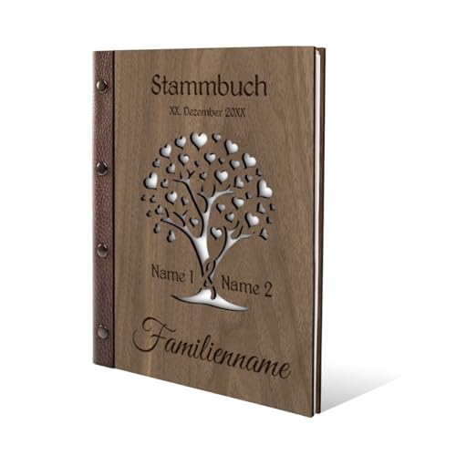 Stammbuch Nussbaum Holz Gravur individuell Holzcover mit Echtleder Rücken und Extras Stammbuchformat hoch 175 x 220 mm (ähnlich A5) - Herzbaum