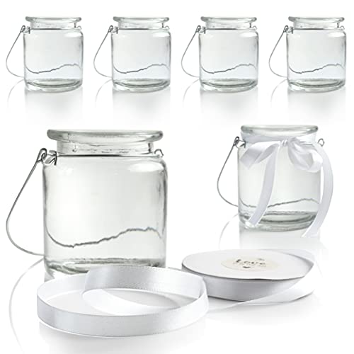 WeddingTree 6 x Windlicht Glas mit Bügel und Dekoband weiß - Teelichtgläser - Einfach Abnehmbarer Metallbügel - Deko für Hochzeit