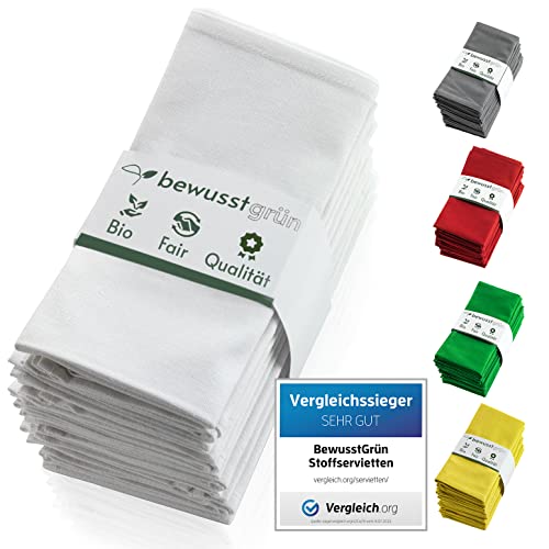 BewusstGrün® 12 Faire & Nachhaltige Stoffservietten + Faltanleitungen I 100% Bio-Baumwolle I 45x45 cm Weiß