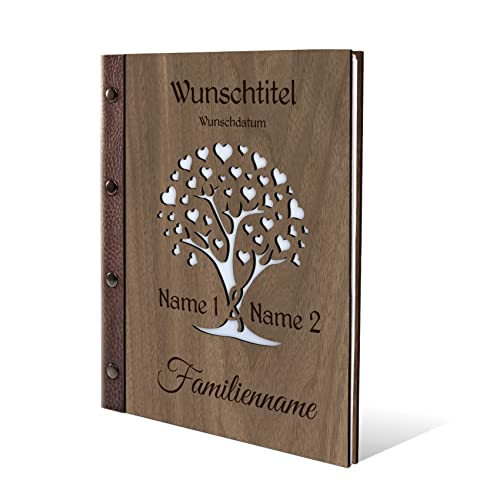 Stammbuch Nussbaum Holz Gravur individuell Holzcover mit Echtleder Rücken und Extras Stammbuchformat hoch 175 x 220 mm - Herzbaum