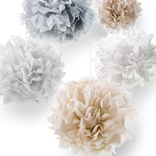 Pumpko 10 Premium Seidenpapier-Pompons für Ihre Hochzeit. Pompons für die Dekoration von Geburtstagen. Papierblumen für eine besondere Party. Pompons in den Pastellfarben Elfenbein, Hellgrau und Weiß