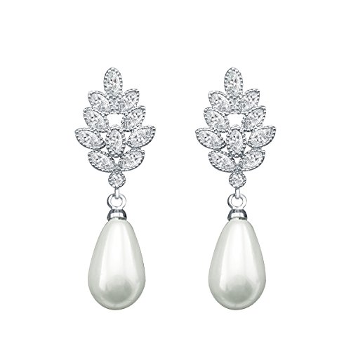 QUKE Silber-Ton Zirkonia Kristall künstliche Perle Hochzeit Braut Ohrhänger hängend Ohrringe Modeschmuck