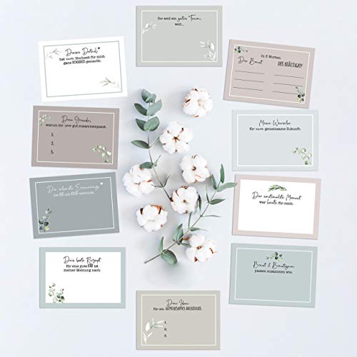 20 individuelle Gästebuch-Karten für die Hochzeit/Fragekarten zum Ausfüllen/süßes Hochzeitsgeschenk/Hochzeitsspiel/Greenery Hochzeit/Eukalyptus / 10,5cm x 7,4 cm (DIN A7)
