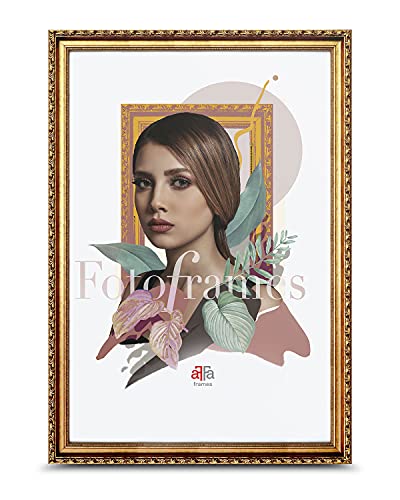 aFFa frames, Goldi, Bilderrahmen aus Holz, leicht, ornamental, Vintage, rechteckig, mit Acrylglasfront, Golden, 50x70 cm