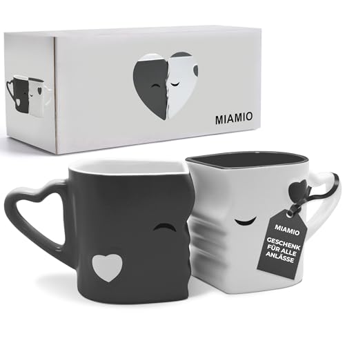 MIAMIO - Kaffeetassen/Küssende Tassen Set Geschenke für Frauen/Geschenke für Männer/Freund/Freundin Hochzeitsgeschenke für brautpaar/Weihnachten aus Keramik (Grau)