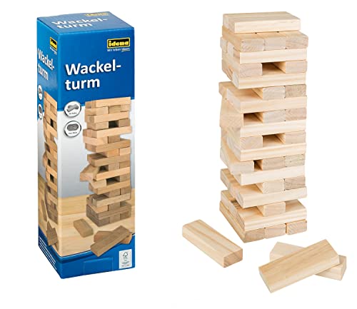 Idena 6060013 - Wackel-Turm, Stapelspiel mit 54 Bausteinen, Geschicklichkeits-Spiel aus Holz, ca. 8 x 8 x 26 cm großer Stapel-Turm, Spiel-Spaß für die ganze Familie