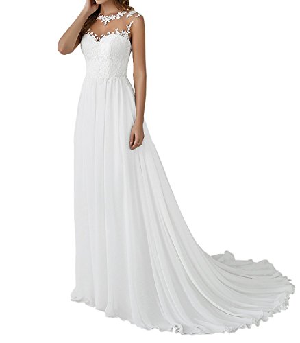 YASIOU Hochzeitskleid Elegant Damen Lang Weiß Vintage Spitze Chiffon A Linie Hochzeitskleider Brautkleid Große Größen mit Schleppe