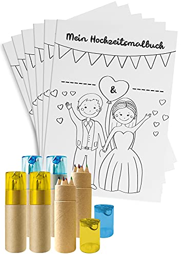 von Rafenstein Hochzeitsmalbuch für Kinder - 6er Set - Ausmalbuch zur Hochzeit mit Buntstiften & Spitzern - Kindermalbuch mit 28 Seiten
