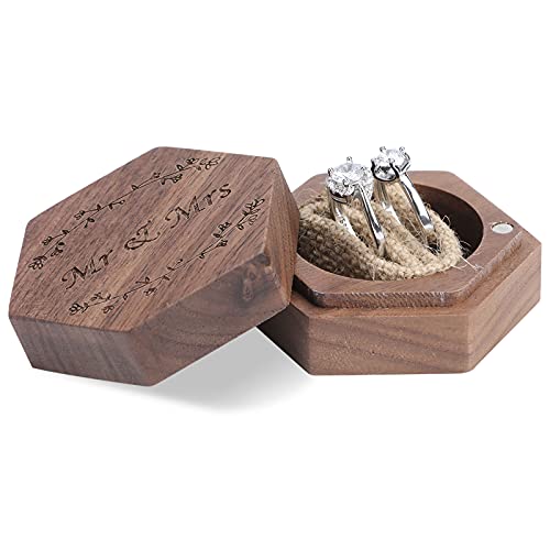 FADACAI Mr & Mrs Walnuss-Holz Ring-Box, Ring Box für Verlobungsring, Hexagon Ringschatulle Ringkästchen für rustikale Hochzeits-Verlobung