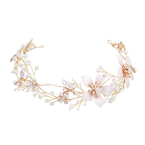 SWEETV Gold Hochzeit Haarband Braut Perle Stirnbänder Blume Haarreifen Kristall Haarschmuck