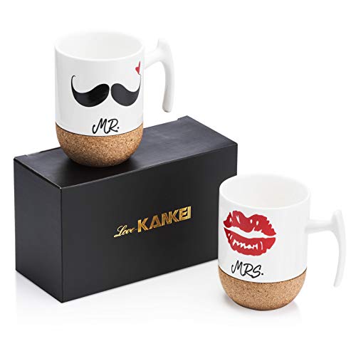 Love-KANKEI MR MRS Tassen Kaffeetassen Hochzeitsgeschenk Kaffeebecher Set, Korkboden Design Keramik 300ml, Hochzeit Valentinstag Weihnachten Ehepaar Freunde