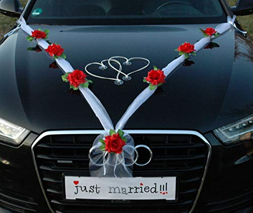 Organza M + Herzen Braut Paar Rose Deko Dekoration Autoschmuck Hochzeit Car Auto Wedding Deko Ratan Girlande ®Auto-schmuck PKW (Rot/Weiß/Weiß)