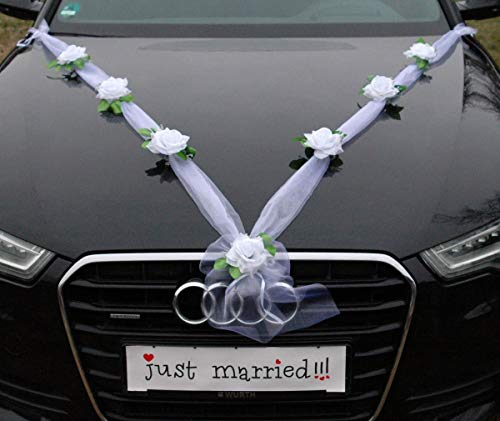 Organza M Auto Schmuck Braut Paar Rose Deko Dekoration Hochzeit Car Auto Wedding Deko Girlande PKW (Reinweiß/Weiß)