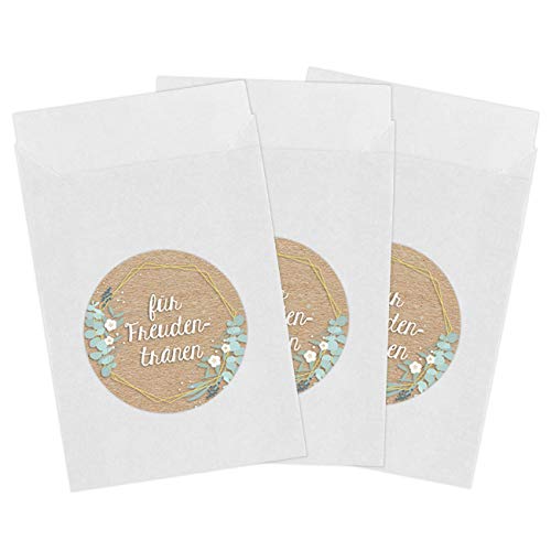 50 weiße Papiertüten & 50 Freudentränen Aufkleber für die Hochzeit | Verpackung für Freudentränen Taschentücher | Vintage Deko (Papiertüten & Sticker) - Set 7