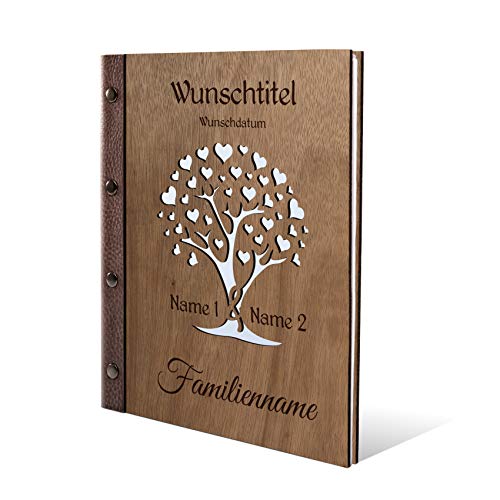 Stammbuch Okoume Holz Gravur individuell Holzcover mit Echtleder Rücken und Extras Stammbuchformat hoch 175 x 220 mm - Herzbaum