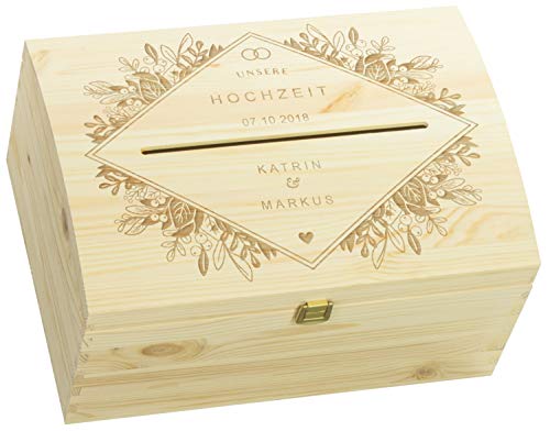 LAUBLUST Holztruhe mit Schlitz zur Hochzeit - Florale Raute - Personalisierte Geschenkkiste - 35x25x19cm, Natur, FSC®