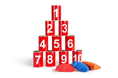 BS Toys GA093 spielzeug für draußen Dosenwerfen, wurfspiel für Kinder-kinderspiele mit Rot nummerierte Blechdosen und 3 Wurfsäcke, einheitsgröße