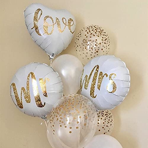 PRESENTORY | Hochzeitsdeko in Weiß & Gold | Helium-geeignet | Hochzeitsballons mit Mrs, Mr. & Love | 9x Heliumballons für die perfekte Hochzeitsfeier | Ballongirlande für Brautpaar | Just Married