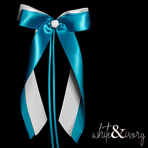 white & ivory 25 Autoschleifen Hochzeit Antennenschleifen | azurblau & weiß | doppelt handgebunden mit Rose | hochwertiges Satin | Autoschmuck | Deko Schleife