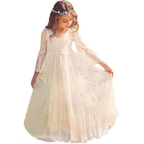 CQDY Mädchen Prinzessin Kleid Spitzen Blumenmädchen Kleid Festkleid,4-5 Jahre, Elfenbein