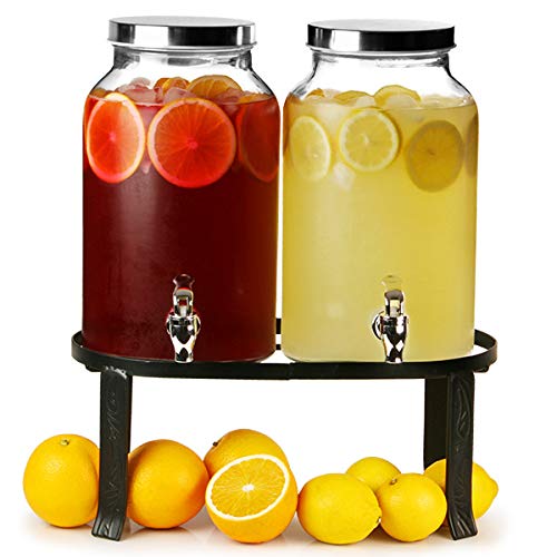 bar@drinkstuff doppelter Getränkespender mit Ständer für 10 l, Einmachglas-Design, als Saftdispenser oder Cocktailspender