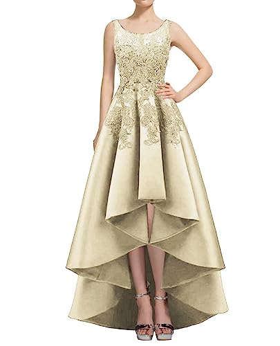 HUINI Satin Abendkleid High Low A-Linie Ballkleider Spitzen Applikationen Hochzeitskleid Vintage Prinzessin Abiballkleid Champagner-Gold 50
