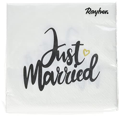 Rayher 75441000 Serviette 'Just married', FSC zertifiziert, 33 x 33 cm, 3-lagig, 20 Stück, Tischdeko, Hochzeit, Papierservietten