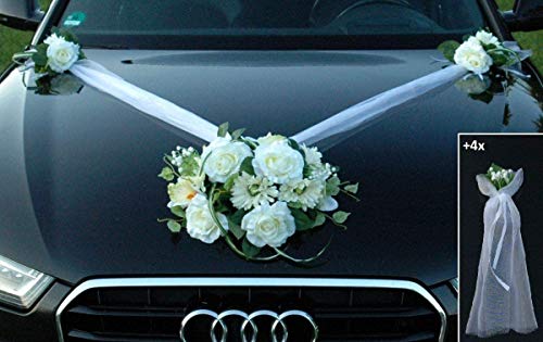 Autoschmuck Spitze STRAUß Auto Schmuck Braut Paar Rose Deko Dekoration Hochzeit Car Auto Wedding Deko PKW (SS GER Weiß)