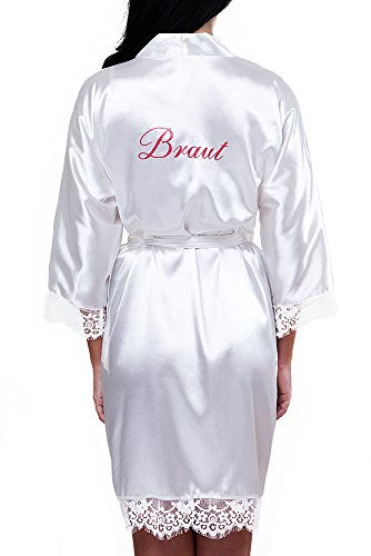 VA-Fashion Damen Morgenmantel Kimono Satin Spitze kurz Größen S-XXL (XL, Weiß/Braut)