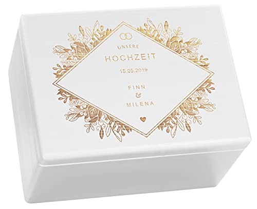 LAUBLUST Erinnerungsbox Hochzeit mit Gravur - personalisierte Geschenke für Brautpaar - Erinnerung Hochzeit - Florale Raute - 40x30x24cm - Weiß - FSC®