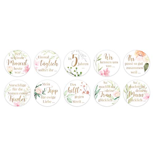 5 Sets Gästebuch Hochzeits Sticker Aufkleber Fragen selbstklebend Kreis 40mm je 10 Fragen - Blumen