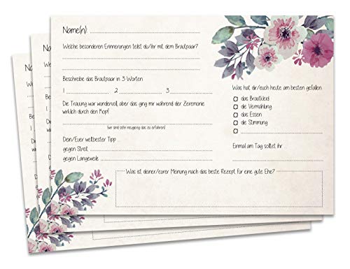 Gästebuchseiten Gästekarten DINA5/A6 - Schöne Fragekarten zum Ausfüllen und Einkleben ins Gästebuch Hochzeit mit Fragen … (Blumen, DINA5)