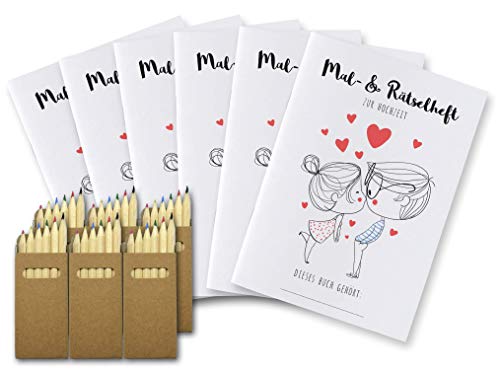 Hochzeitsmalbuch für Kinder DINA5 mit Buntstiften (6 Malbücher + Buntstifte im Set), 24 Seiten Mal- und Rätselbuch als Gastgeschenk für Kinder zur Hochzeit