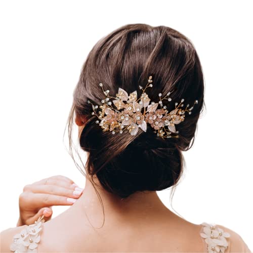 SWEETV Handmade Hochzeit Haar Kamm Perle Floral Leaf Braut Haarschmuck für Bräute und Brautjungfern