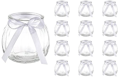 casavetro Teelichtgläser Set Kerzenhalter Glas (12 er Pack) Teelicht Kerzen Windlicht Hochzeit Party kleine Vase Tisch Deko-Licht inkl-Schleife