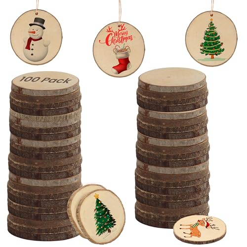 Kurtzy 100er Pack Natürliche Runde Holzscheiben zum Basteln 3-5 cm Durchmesser - Holzscheiben Rund mit Rinde und Ohne Loch - Holzschilder zum Beschriften für DIY Kunst und Weihnachtsschmuck