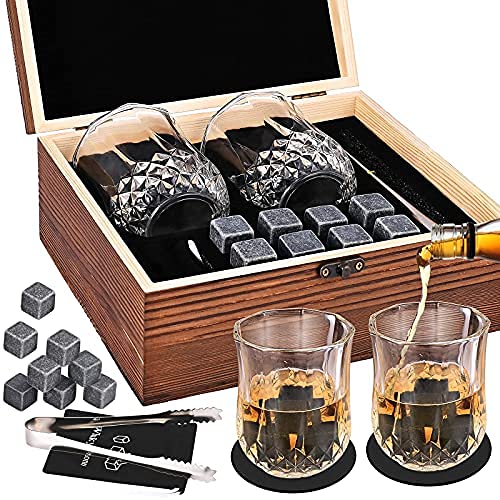 GOLDGE 14PCS Whisky Steine Geschenkset Whisky Steine mit Gläser Eisclip Untersetzer Whiskey Eiswürfel Samtbeutel Whisky Stones Gift Set