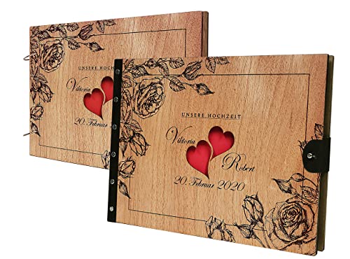 BiberART Fotobuch - hochwertiges Fotoalbum mit Herz Design - Album mit Holzcover - persönliches Hochzeitsgeschenk - Geschenk für Hochzeit